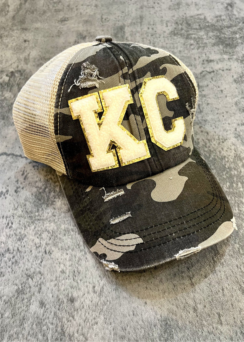 White KC Trucker Hat Black Camo