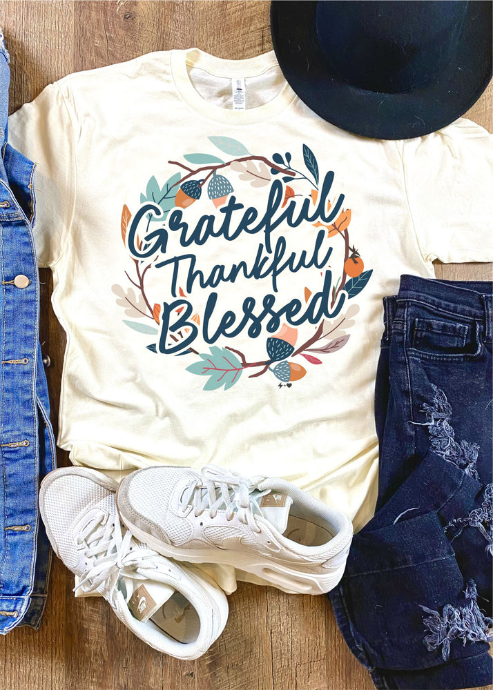 Grateful Thankful Blessed Wreath Tee Shirt (FALL1011-DTG-TEE)