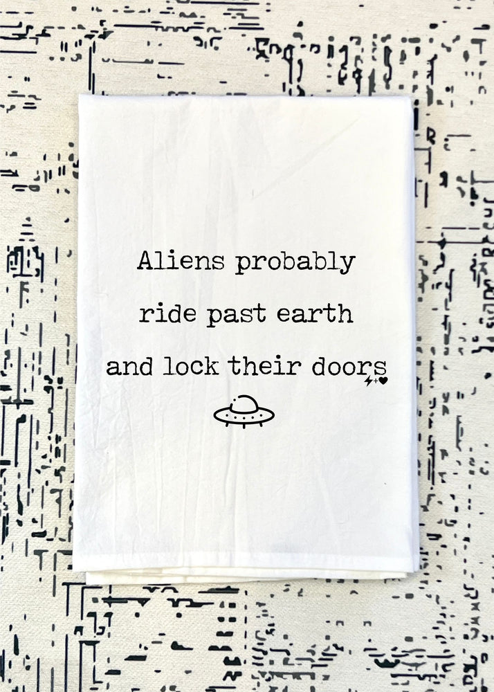 
            
                Load image into Gallery viewer, Aliens ride past Earth Flour Sack Tea Towel (FSTT1035)
            
        