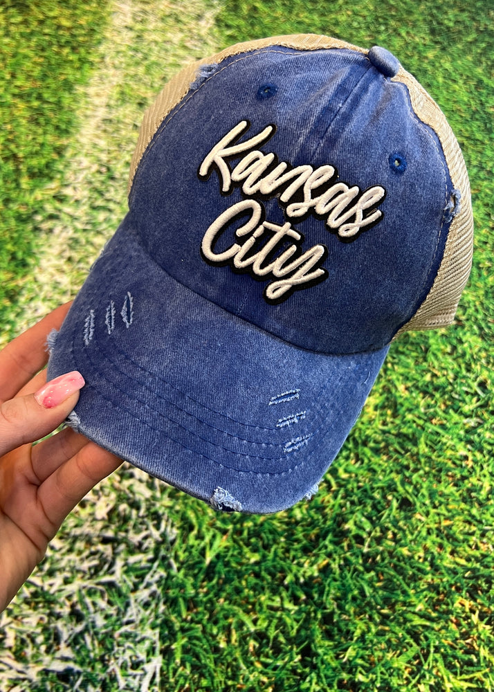 Kansas City Script Embroidery Patch Royal Distressed High Pony Hats