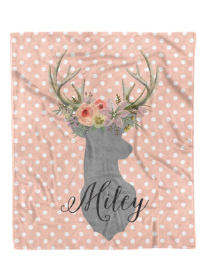 
            
                Load image into Gallery viewer, Polka Dot Deer Head Custom Minky Blanket (MINKY1006)
            
        