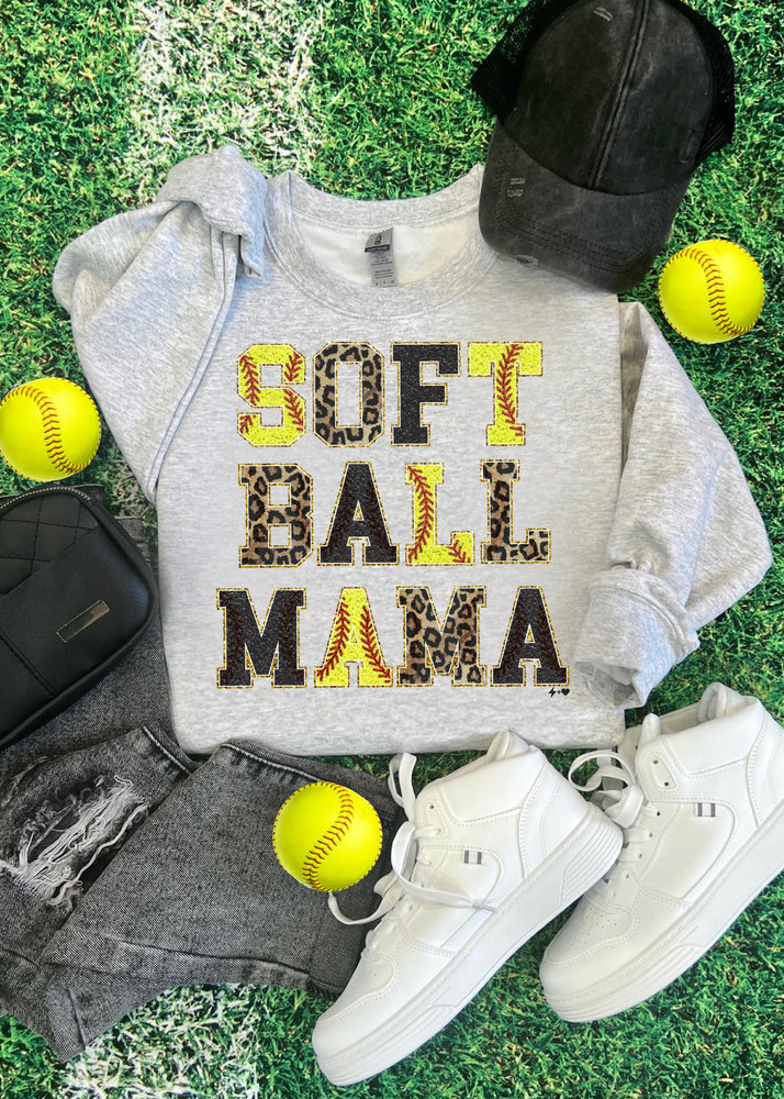 Faux Patch Softball Mama Sweatshirt (SOFTBALL1002-DTG-SS)