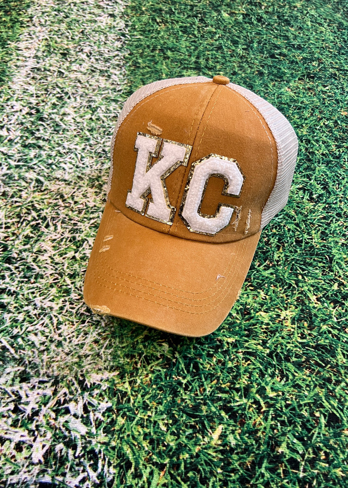 KC Ivory Chenille Patch Mustard Distressed High Pony Hats