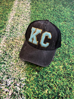 KC Light Blue Chenille Patch Black Distressed High Pony Hats