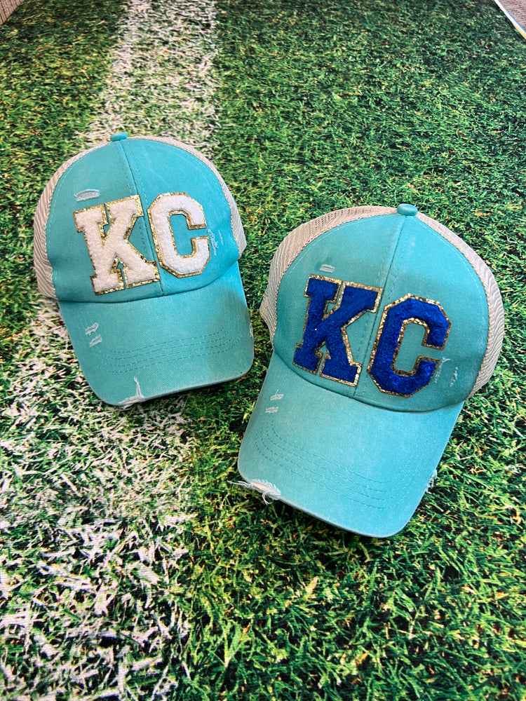 
            
                Load image into Gallery viewer, KC Ivory Chenille Patch Aqua Distressed High Pony Hats
            
        
