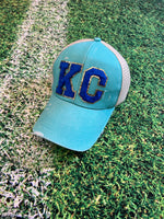 KC Royal Chenille Patch Aqua Distressed High Pony Hats