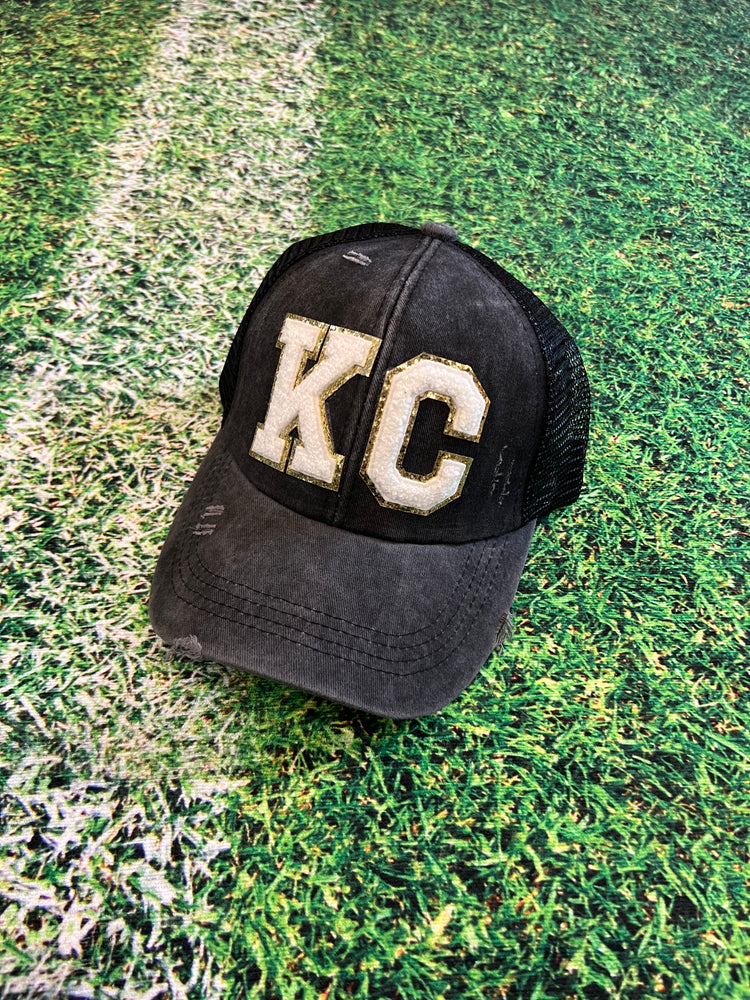 KC Ivory Chenille Patch Black Distressed High Pony Hats