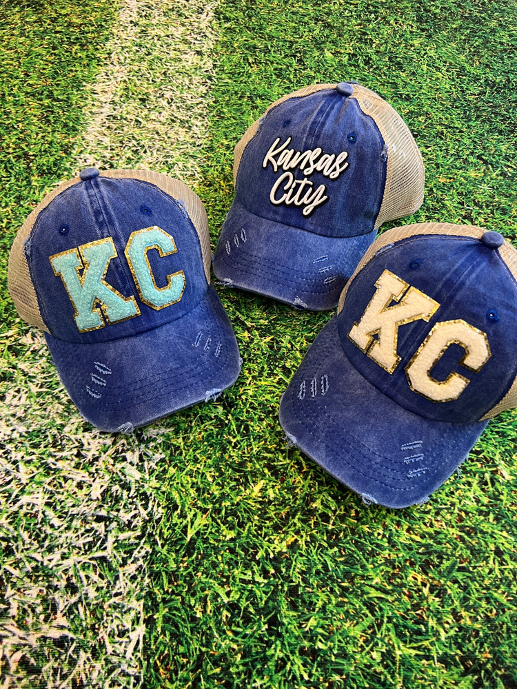 Kansas City Script Embroidery Patch Royal Distressed High Pony Hats